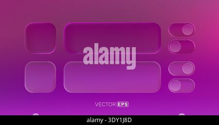 A stylish set of interface elements featuring glass button frames on a bright pink background, with smooth buttons and switches. Vector illustration. Stock Vector