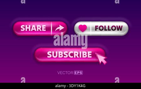 Glossy 3D social media buttons Share, Follow, Subscribe, with a mouse pointer on a purple background. Vector illustration Stock Vector