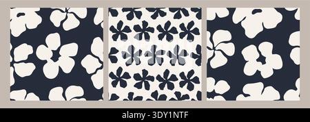 Set of seamless abstract floral patterns in navy and cream. Modern botanical design collection for fabric, wrapping paper, wallpaper, textile prints, backgrounds, and surface decoration. Stock Vector