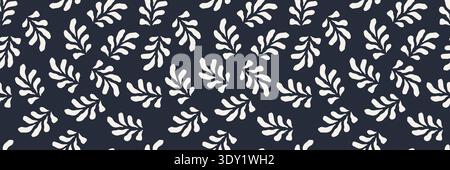 Seamless botanical pattern with abstract white leaves on a black background. Modern floral design for fabric, wallpaper, wrapping paper, textile, and digital projects. Stylish vector illustration Stock Vector
