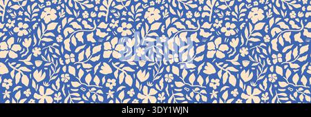 Seamless botanical pattern with hand-drawn floral and leaf shapes in beige on a vibrant blue background. Perfect for fabric, wallpaper, wrapping paper, and modern surface design projects. Stock Vector