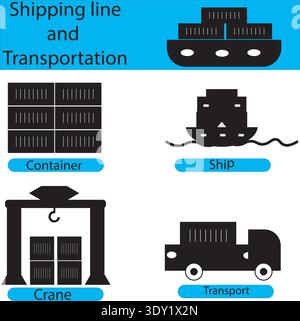 Container truck crane ship transport vector infographic icons set Stock Vector