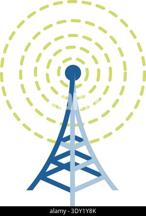 Antenna tower emitting radio signal waves from top structure. Stock Vector