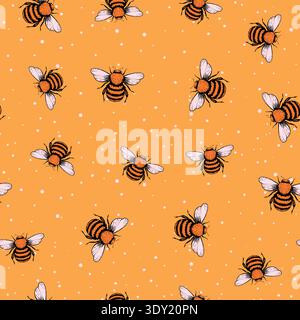Seamless pattern with bees. Small wasp. Vector illustration. Design for invitation, cards, textile, fabric. Doodle style Stock Vector