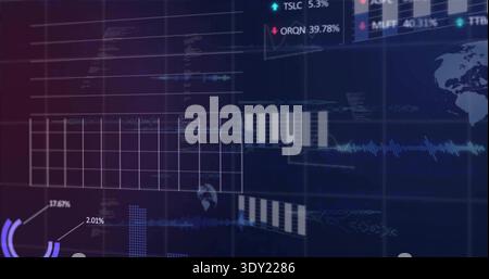 Displaying digital dashboard showing layered panels on monitor, with grid chart and waveform. Visualization, analytics, interface, hud, realtime, neon Stock Photo
