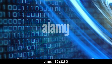 Streaming binary matrix sweeping across digital scene, showing cyan streaks, scan-line textures. Grid, network, neon, glow, motion, futuristic, cyber Stock Photo