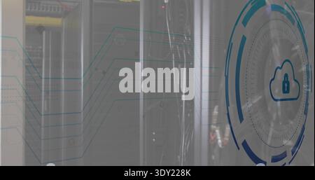 Showing glass-front server cabinets in data center, displaying patch cables and security HUD. Rack, cabinet, cloud, encryption, circuitry, reflections Stock Photo