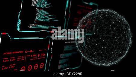 Rendering 3D wireframe sphere on right in virtual control space, with cyan HUD metrics, copy space. Geodesic, mesh, holographic, visualization, interf Stock Photo