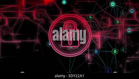 Glowing neon padlock icon pulsing inside concentric rings in virtual network, with hexagon nodes. Lock, security, encryption, mesh, cyberspace, digita Stock Photo