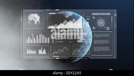Displaying transparent holographic HUD hovering in orbit over Earth, showing charts, timer 03:48. Dashboard, telemetry, planet, aerospace, nebula, vis Stock Photo