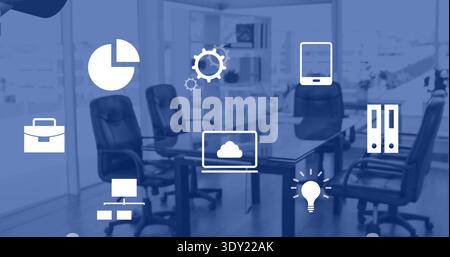 Vertical video: Office table and chairs centered, briefing starting showing pie chart icon for biz. Boardroom, glass, modern, corporate, plant, binder Stock Photo