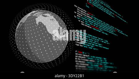 Showing stylized globe rotating left in digital UI, with dotted rings and cyan white red code. Earth, cybersecurity, dataviz, network, circuitry, neon Stock Photo