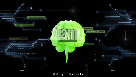 Floating neon-green brain at center of digital circuits showing AI overlay and prompt boxes. Neon, cyber, neural, holographic, futuristic, interface, Stock Photo