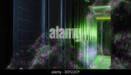 Glowing server racks in data center aisle casting green light, swirling magenta lime particles. Cabinet, corridor, neon, cyberpunk, futuristic, infras Stock Photo