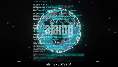 Glowing holographic globe rotating in digital interface, showing wireframe hex mesh, nodes, code. Sphere, lattice, cyberspace, glow, cyan, network, da Stock Photo