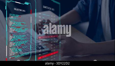 Typing IT pro wearing long-sleeve jacket at wood desk with laptop, holding phone, showing holo UI. Computer, holographic, analytics, coding, workspace Stock Photo