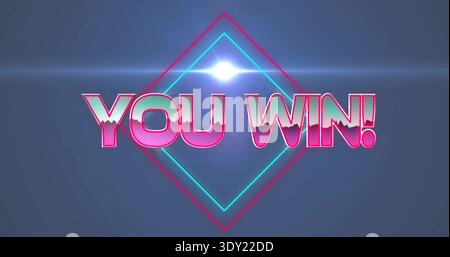 Displaying 3D YOU WIN! text glowing in game UI over magenta and cyan diamonds, lens streaks. Neon, glow, titlecard, victory, centered, branding, digit Stock Photo
