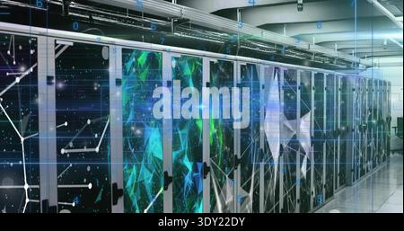 Displaying glass-fronted server racks showing LED indicators and blue overlays in server room aisle. Cabinets, cables, datacenter, monitoring, cooling Stock Photo