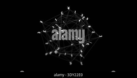 Floating 3D wireframe network rotating and tilting in black void, with currency glyphs. Lattice, polyhedron, mesh, symbols, glow, void, perspective Stock Photo