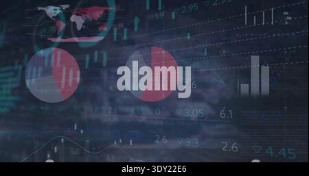 Displaying market dashboard on dark screen, showing two pie charts, candlestick and line charts. Visualization, data, analytics, finance, bar, grid, w Stock Photo
