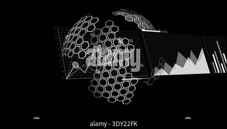 Displaying 3D data-visualization sphere rotating on black canvas, showing hexagonal mesh panels. Honeycomb, globe, hud, dashboard, futuristic, grid, a Stock Photo