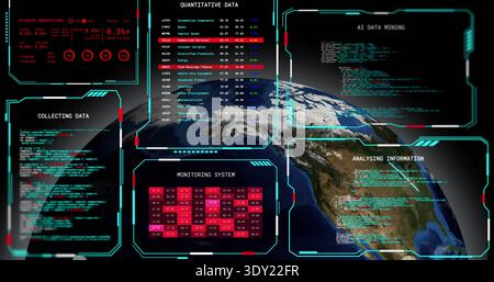 Displaying central Earth globe showing North America in orbit, overlaying HUD panels and heatmap. Planet, interface, dashboard, satellite, telemetry, Stock Photo