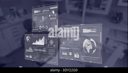Floating three holographic UI panels displaying line and bar charts with 3D globe in office. Augmented, reality, analytics, dashboard, visualization, Stock Photo