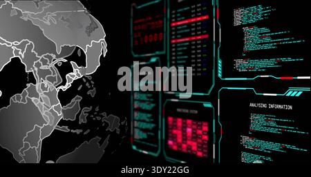 Showing globe on ops dashboard showing eastern hemisphere with HUD and ANALYSING label, copy space. Earth, interface, grids, neon, futuristic, monitor Stock Photo