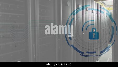 Projecting large blue security HUD with padlock over metal server racks in data center aisle. Cabinet, corridor, industrial, cyber, overlay, encryptio Stock Photo