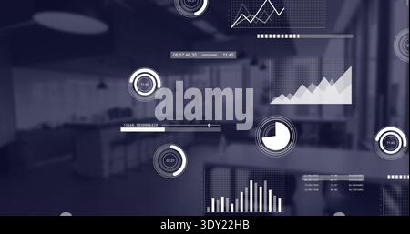 Projecting data overlays over open-plan office, covering conference table, desks and monitors. Visualization, dashboards, infographics, charts, worksp Stock Photo