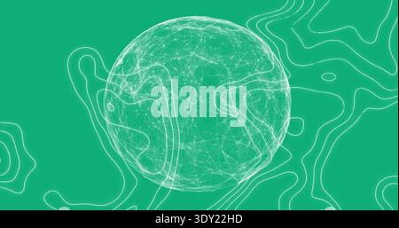 Displaying central wireframe sphere floating on teal field, revealing white contour lines and nodes. Abstract, network, mesh, depth, symmetry, geometr Stock Photo