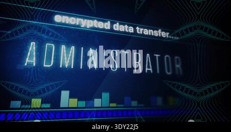 Displaying glowing ADMINISTRATOR word on digital dashboard, showing encrypted banner and bar chart. Neon, cyber, futuristic, interface, glitch, kaleid Stock Photo