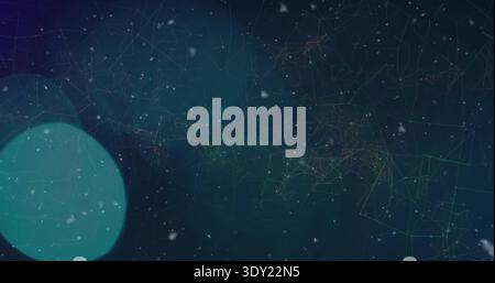 Showing lit mesh with nodes on teal digital space, with turquoise bokeh lower-left and white specks. Constellation, glow, network, abstract, cosmic, v Stock Photo