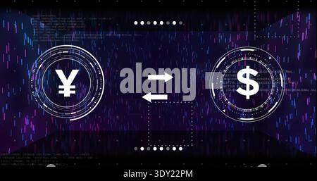 Displaying dual currency HUDs exchanging values in digital studio, with neon yen and dollar symbols. Exchange, interface, arrows, holographic, futuris Stock Photo