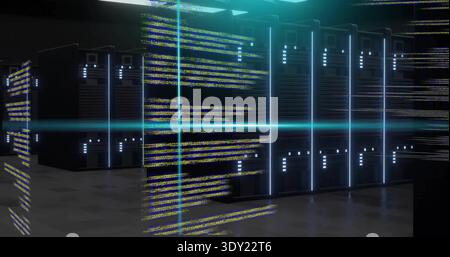 Displaying server racks glowing with cyan LED strips and status LEDs, beam crossing server room. Datacenter, cabinet, blue, lighting, glitch, reflecti Stock Photo