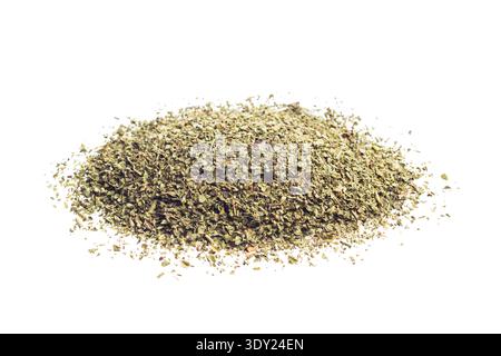 Oregano dried leaves pile, isolated on white background. Stock Photo