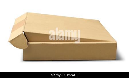 blank rectangular corrugated cardboard box isolated white background, partially open lid of light brown shipping container mock-up template, side view Stock Photo