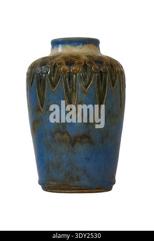 Royal Doulton stoneware baluster vase with shoulder scraffito incised  bold flower heads and stiff leaves mottled blue isolated on white background Stock Photo