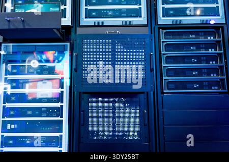 close up of server racks in a data center used for ai with cables and plugs. Concept of hardware and connectivity for AI computing center Stock Photo