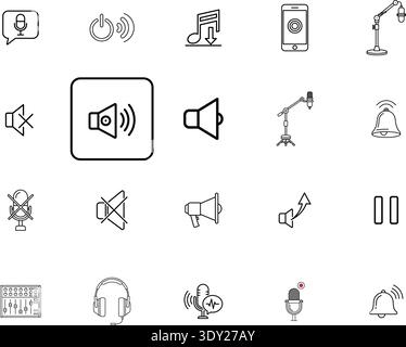 A collection of 20 icons, each depicting different audio and video related symbols, such as speakers, microphones, headphones, and other media devices Stock Vector