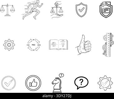 a set of 14 black and white icons arranged in three rows on a white background. the icons include a combination lock, a world map, a shield, a gear, a Stock Vector