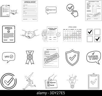 A collection of checkmark and verification icons in various styles and formats. the icons are presented in a variety of styles, including line drawing Stock Vector