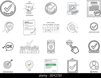A collection of 20 small icons and symbols, mostly in black and white, related to verification, validation, and approval. The icons include checkmarks Stock Vector