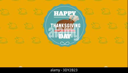 Displaying teal badge on card showing HAPPY THANKSGIVING DAY, roasted turkey, repeating icons. Banner, autumn, harvest, festive, greeting, vector, pat Stock Photo