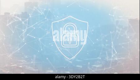 Glowing white shield with padlock hovering above muted skyline, with network mesh and glowing dots. Lock, emblem, cybersecurity, cityscape, connection Stock Photo