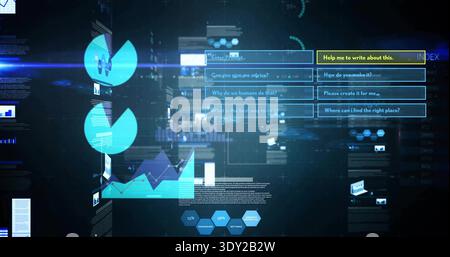 Displaying holographic dashboard floating at console, showing Enter Prompt... box and yellow button. Neon, futuristic, interface, analytics, charts, p Stock Photo