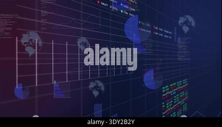 Displaying central grid panel showing line graph on data dashboard, with ticker columns. Neon, futuristic, analytics, globe, markets, digital, gradien Stock Photo