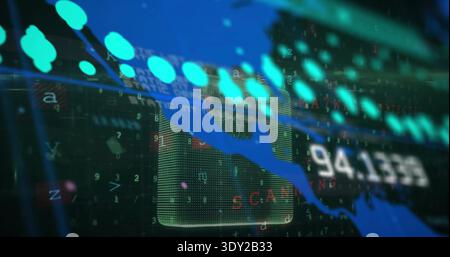 Displaying blue jagged line plot with bright teal data nodes on digital dashboard, showing 94.1388. Neon, matrix, grid, hologram, screen, telemetry, c Stock Photo