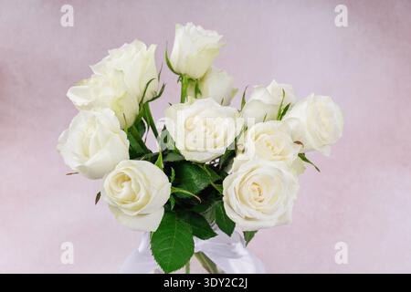 White roses bouquet top view style composition Stock Photo