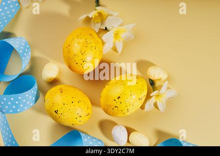 Top view of holiday Easter composition on beige background Stock Photo